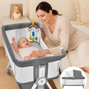4-in-1 Baby Bassinets Bedside Sleeper, Bedside Bassinet with Wheels, 6-Height Adjustable Bassinet with Soft Mattress, Mosquito Net, Soothing Toy for Newborns & Infants(Grey)