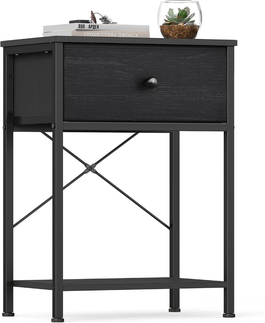 SONGMICS Bedside Table with Drawer, Nightstand with Lower Shelf | Side End Table for Bedroom, Living Room, Ebony Black, BELLAH Collection, ULGS101B201S, 1 Drawer-1Pc