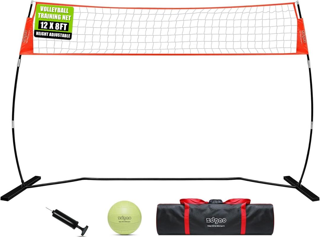 12FT Portable Volleyball Training Net for Hitting or Serving Drills, Outdoor & Indoor Freestanding Volleyball Practice Net with Height Adjustable, Glow in Dark Ball, Carry Bag