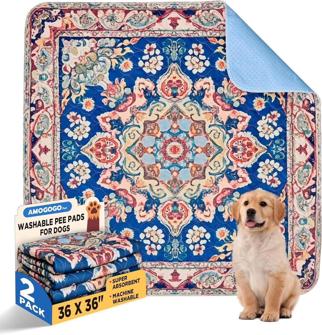 2 Pack Washable Pee Pads for Dogs, Reusable Fast Absorbent Puppy Pads, Non-Slip Waterproof Potty Pet Mat for Training, Whelping, Housebreaking, Incontinence, Playpen, Bed, Sofa, 36" x 36"