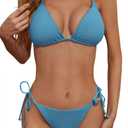 Women's Two Piece Bikini Swimsuit Sexy Ribbed Triangle Top Bathing Suits String Cheeky Bikini Sets (Small, Blue)