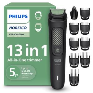Norelco Philips All-in-One 3000 Series 13 in 1 Trimmer, Beard Styler & Men's Hair Clipper, 9 Length Settings & Self-Sharpening Skin-Friendly Blades, MG3919/50 (Black)