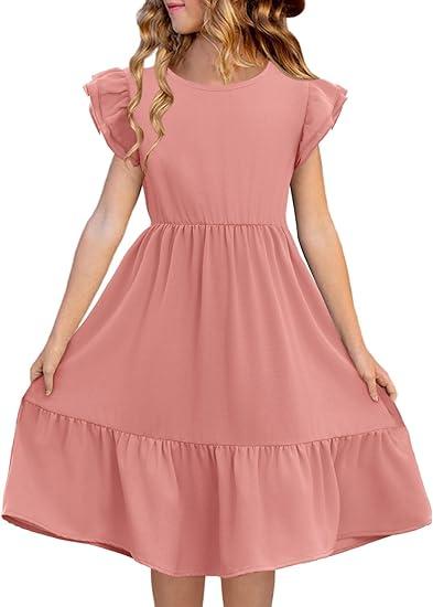 Haloumoning Girls Dresses Kids Summer Double Layer Ruffle Sleeve Dress 130 CM