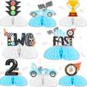 JOYMEMO 8 Pieces Two Fast Honeycomb Centerpieces - Race Car 2nd Birthday Party Decorations for Boys, Let's Go Racing Checkered Flag 2 Years Old Party Supplies Blue Double-Sided Cars Table Decor