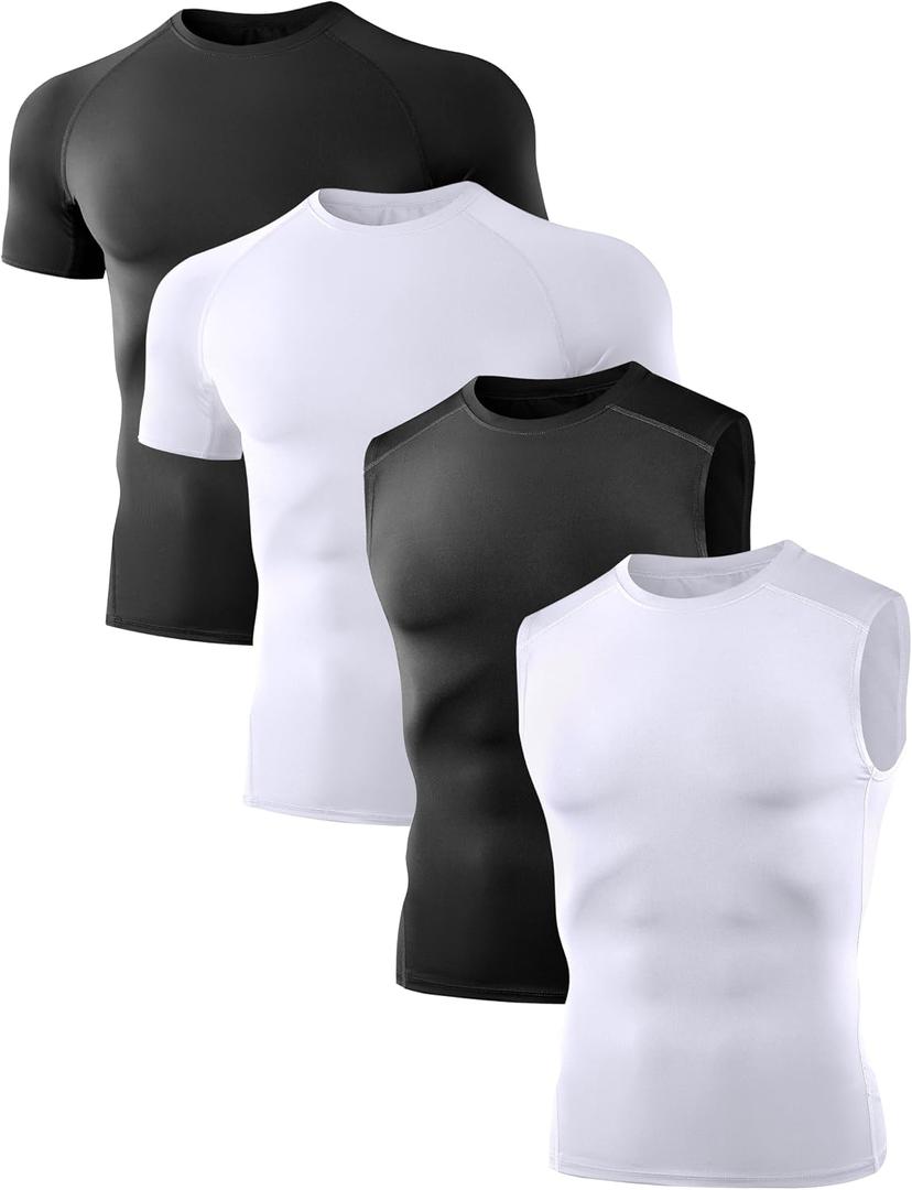 Dalavch 4 Pack Compression Shirts and Tank Tops Men Short Sleeve/Sleeveless Athletic Undershirt for Sport (Black), XL