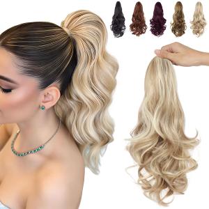 FELENDY 15" Ponytail Extension Drawstring Curly Wavy Ponytail Extensions Clip in Long Pony Tails Hair Cute Synthetic Piece for Women Bleach Blonde mix Light Blonde