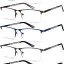 KONHAGO Blue Light Blocking Reading Glasses for Men, Half Frame Metal Readers Spring Hinge Eyeglasses Anti Eyestrain/Glare/UV
