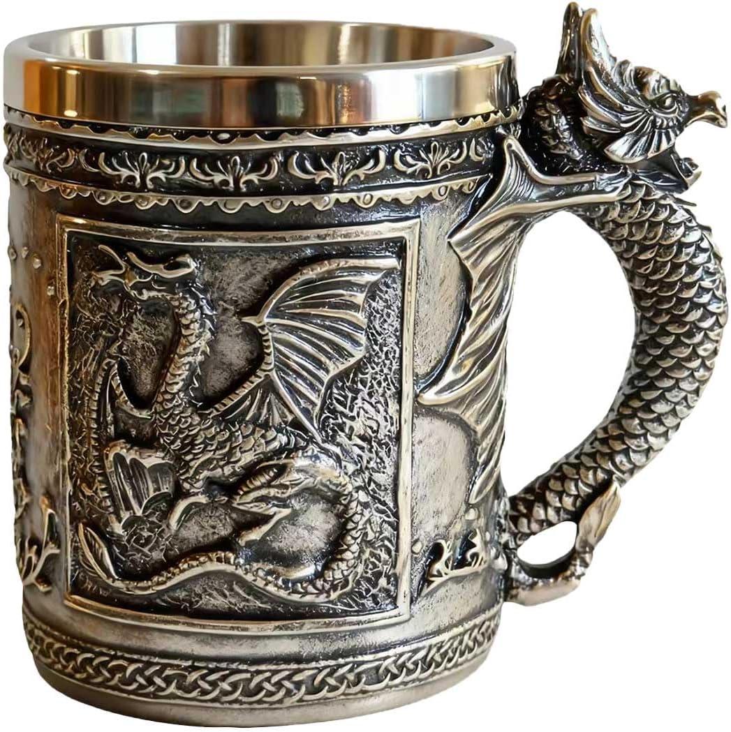 CUZOKOLA Medieval Dragon Mug Dungeons and Dragons Cup Beer Mug Beer Stein for Game Thrones Gifts Party Decor -Stainless Steel Tankard Dragon Coffee Mug 14oz Drinking Cup Dnd Gifts for Men Father's Day