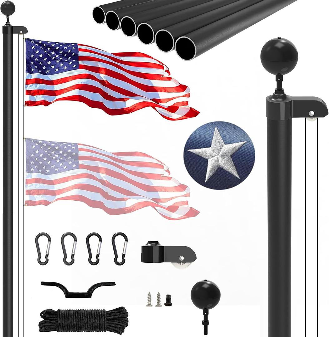 25FT Sectional Flag Pole Kit, Extra Thick Heavy Duty Aluminum Flagpoles for Outside House Inground with 3'*5' American Flag and Black Ball Topper for Residential or Commercial Use, Black