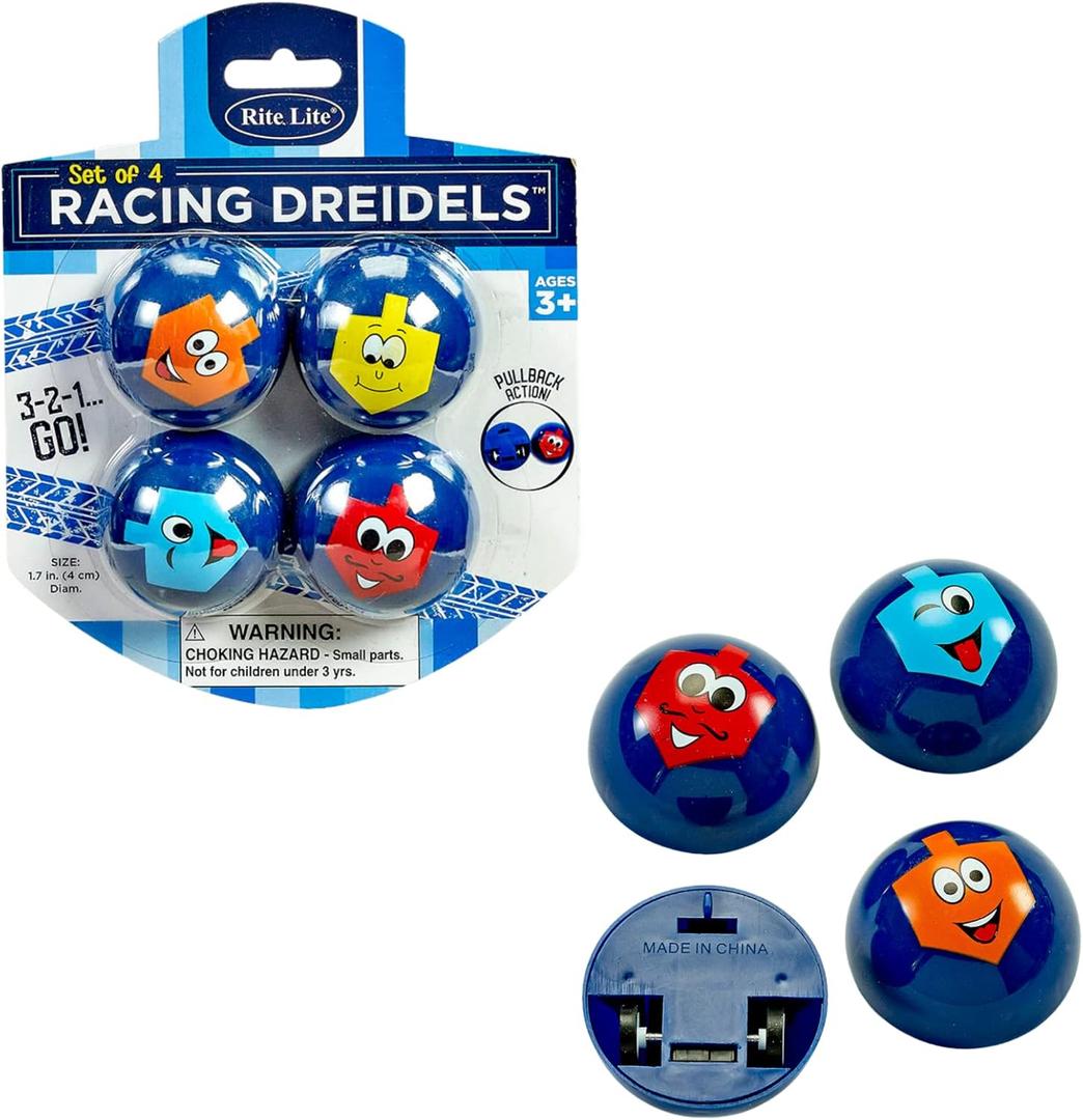 Rite Lite Chanukah Racing Dreidels Set of 4 - Pull Back & Race! Hanukkah Gifts Jewish Holiday Party Toys Decorations Party Favors Goodie Bag Rewards for Kids, Festival of Lights, Fun & Educational!