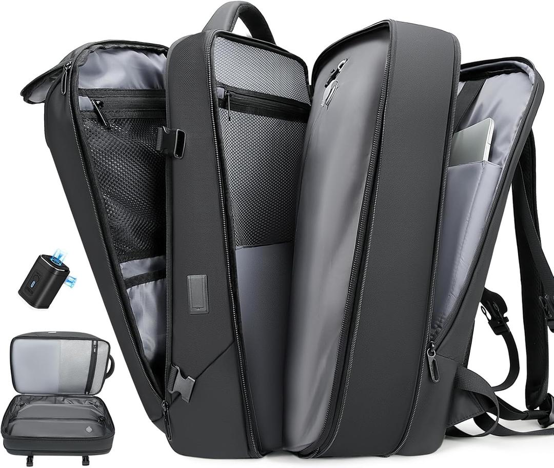 Vacuum Travel Backpack with Pump, 50L Expandable Compression Airback Backpack With Vacuum Seal, 17.3 Inch Water Resistant Business Laptop Backpack with USB Charging Port for Women & Men