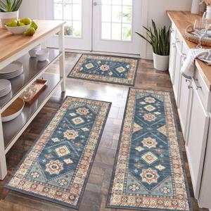 HEBE Boho Kitchen Rug Sets 3 Piece with Runner Non Slip Kitchen Rugs and Mats Washable Kitchen Mats for Floor Thick Kitchen Floor Mat Carpet Runner Rugs for Hallway Laundry Holiday Decor (20"x32"+20"x48"+20"x59", Blue/Coffee)