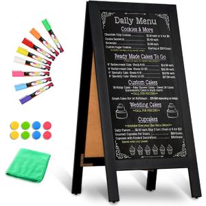 Wooden A-Frame Sign, Magnetic 40" x 20" Black Chalk Board Sign Board, Double-Sided Sandwich Board Signs Outdoor, Chalkboard Easel, Menu Board for Restaurant, Business or Wedding