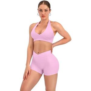 TDIFFUN Women Workout Sets 2 Piece V Neck Halter Sports Bra High Waisted Crossover Booty Gym Shorts Yoga Outfits Small