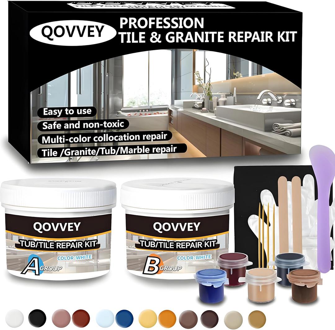 Tile & Fiberglass Quartz Countertop Repair Kit (Color Match), Granite & Tub Repair Kit, 4 oz Porcelain Sink Mable Chip Repair Kit for Cracks Chips Dents Holes Almond Biscuit Bone (Multicolored)