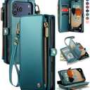 Defencase for iPhone 17 Pro Max Case Wallet with RFID Blocking Card Holder for Women Men, Fashion PU Leather Magnetic Snap Flip Zipper Strap Wallet Phone Case for iPhone 17 Pro Max 6.9", Blue Green