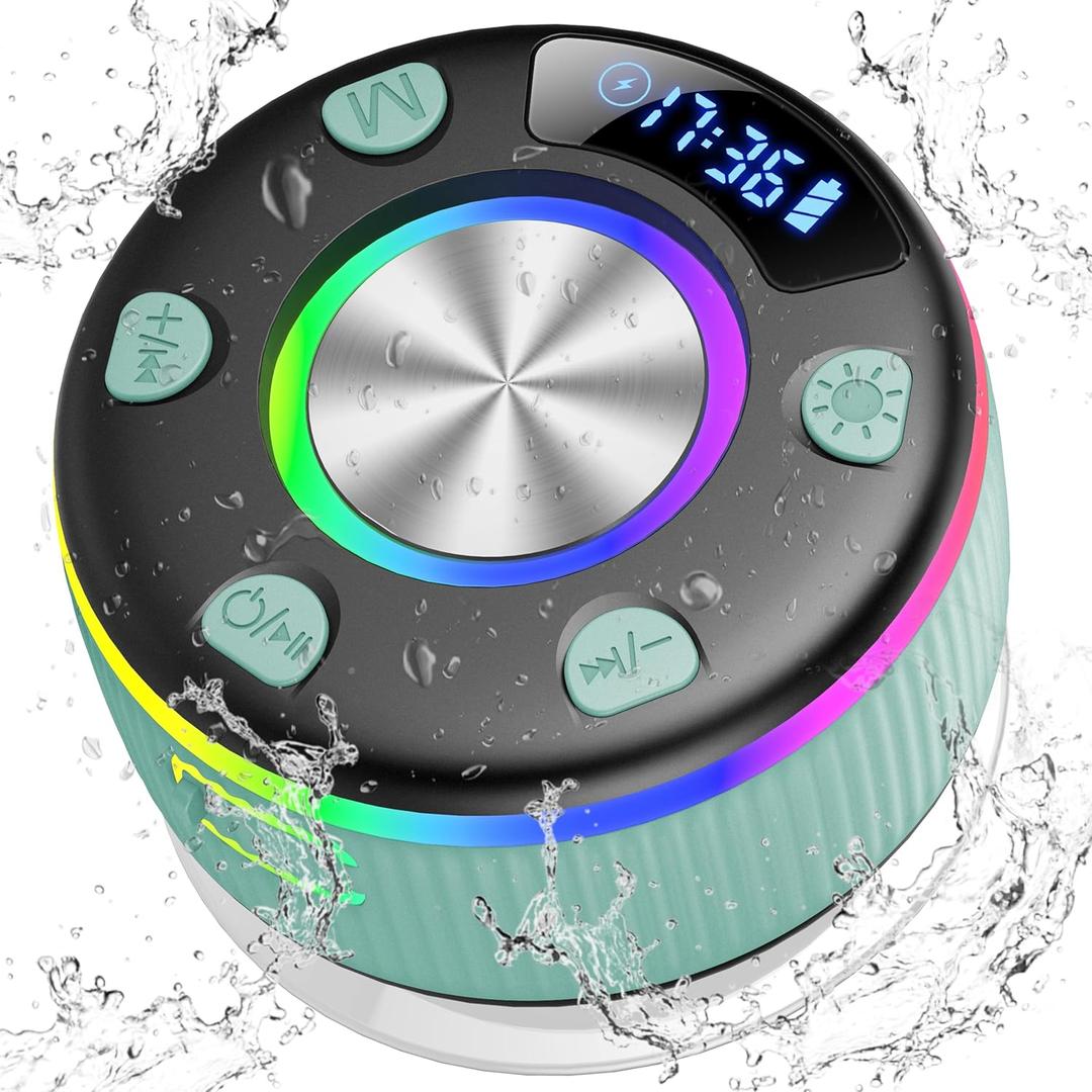 Bluetooth Shower Speaker, Portable Bluetooth 5.3 Speakers Wireless with Time Display, IP7 Waterproof Speakers with RGB Light, Suction Cup, Mini Stereo Speaker for Bathroom Party Beach Outdoor, Green