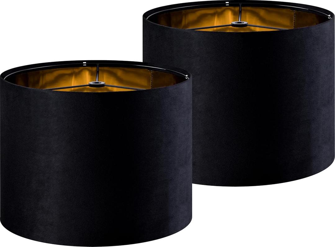 GO&SO Black Velvet Lamp Shades Set of 2 Medium Drum Lampshades -13" Top x 13" Bottom x 10" High(Spider) Traditional Fabric Lamp Shade for Table Lamps - Replacement Lampshade - Assembly Required