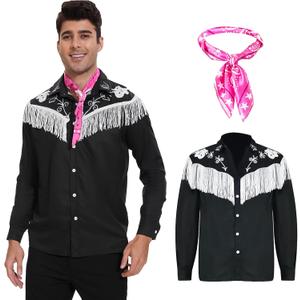 2 Pcs Cowboy Costume for Men,80s 90s Western Fringe Shirt with Scarf,Halloween Cosplay Outfit for Adult (Small, Black)