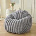 MEGO Kids Fluffy Faux Rabbit Fur Bean Bag Chair Cover(No Filler), Cozy Shaggy Wide Striped Stuffed Animal Storage Bean Bag for Plush Toys, Fuzzy Ribbed Beanbag Cover Kids Girls Teens Adult, Light Grey, Small(28"x28"x32")
