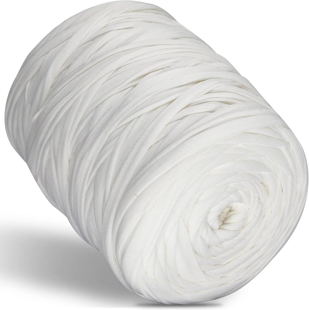 SIMEIQI 400g T-Shirt Elastic Fabric Crochet Cloth Yarn for DIY Knitting, 130 Yards Spaghetti Thick Knitting Yarn for Hand DIY Bag Basket Cushion Crocheting Projects Home Decor (White)