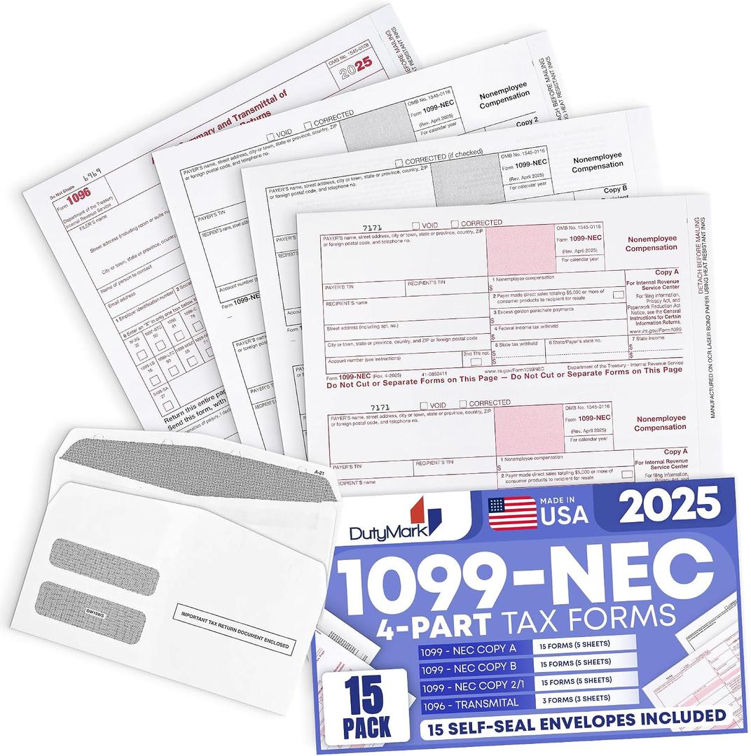 1099 NEC Tax Forms 2025 with Envelopes, 4 Part 15 Pack Tax Forms Kit and 15 Self-Seal Envelopes Great for QuickBooks and Accounting Software, Value Pack for Business - Made in The USA - 15-Pack