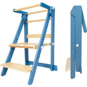 Foldable Toddler Learning Standing Tower, WOOD CITY Montessori Kitchen Step Stool Helper with 3 Adjustable Heights Learning Kitchen Tower for Counter and Bathroom Sink (Natural-Sky Blue)