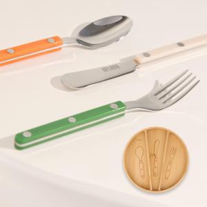 Kids Silverware Set, Stainless Steel Toddler Silverware with Bamboo Organizer, Montessori Kids Utensils, 10 Piece Cutlery Set with Forks, Spoons & Knives, Children Safe Metal Flatware, Color Cream-Orange-Green