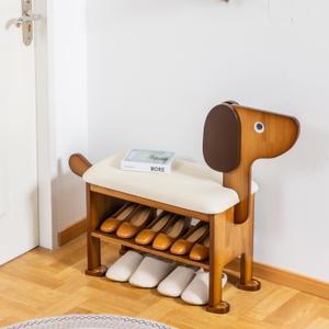 Solid Wood Shoe Storage Bench with Cushion - Adorable Dog Shaped Entryway Organizer, 2-Tier Shoe Rack for Small Spaces, Hallway & Bedroom, 23.62 Inches
