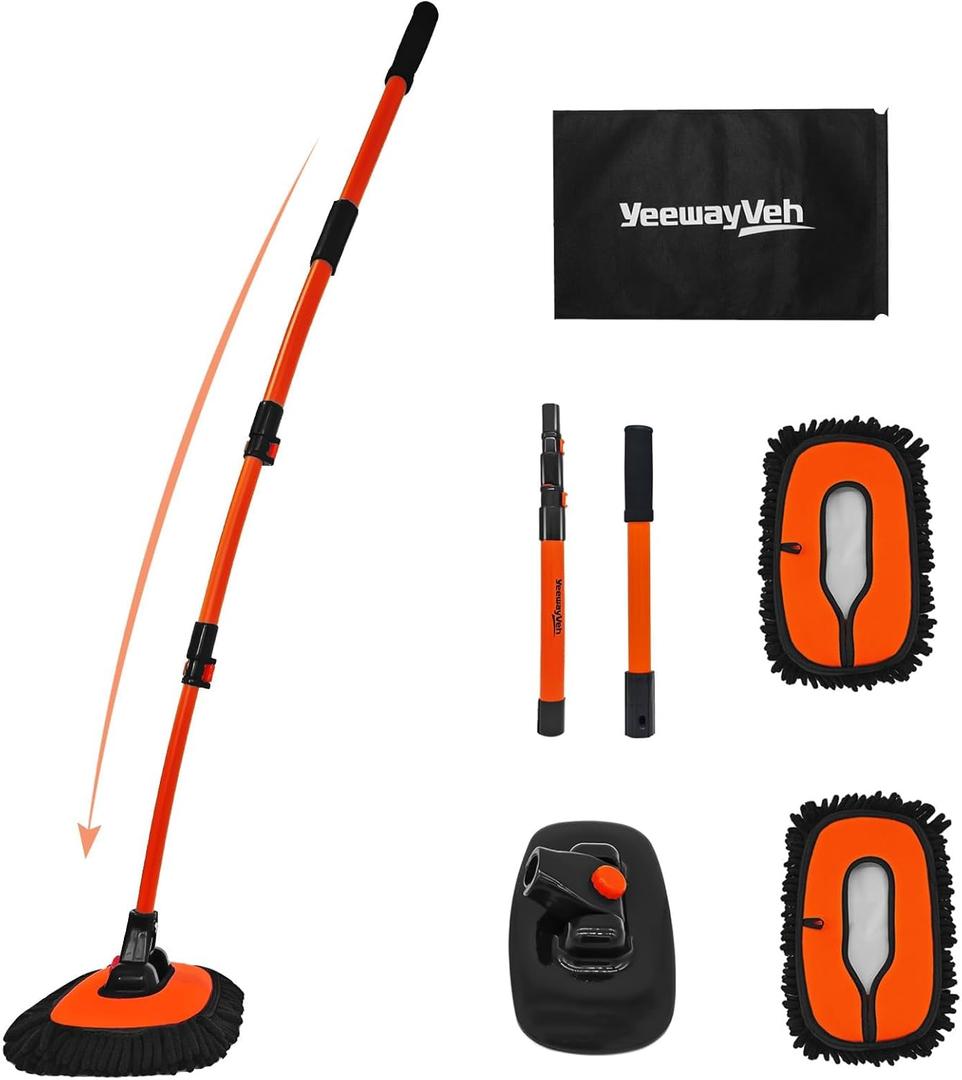 57" Car Wash Brush Mop with Long Handle, 15 Degree Curved Extendable Car Wash Brush with Extra Microfiber Mop Head, Soft Car Washing Brushes with Storage Bag for Truck SUV Cleaning, Orange