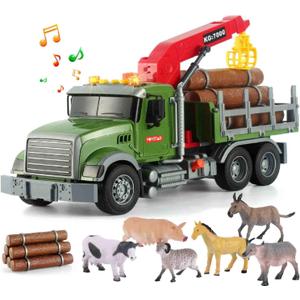 Timber Logging Truck w/ Functional Loading Crane Toy & Bundle of Logs, Large 15" Semi Transport Tow Truck Hauler Playset for Kids, Boys Ages 3 4 5 6 7 8, Lights & Sounds, 6 Farm Animals, Birthday Gift (Timber Truck)