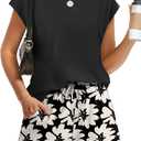 WIHOLL Two Piece Sets for Women Summer Crew Neck Lounge Short Sets Cap Sleeve Drawstring Sweatsuit with Pocket (Black, XL)