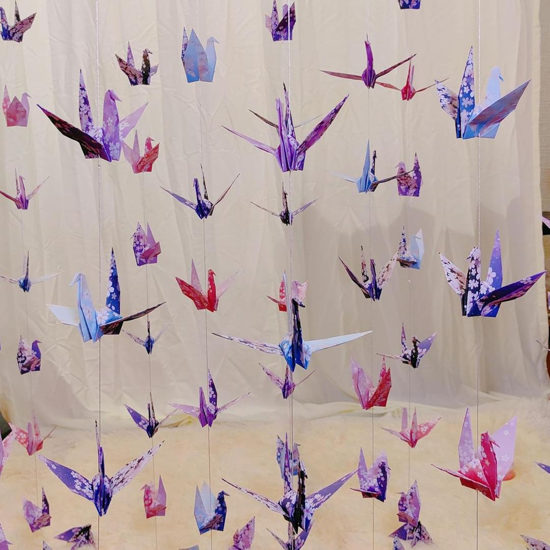 Cherry Blossom Crane Paper Hanging Garlands(3stringsX 5.2ft), Japanese Flower Origami Birds Streamers for Bridal Shower, Baby Shower Birthday Party SuppliesGarden Ceiling Hanging Garland