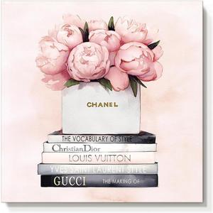 cozy country Chanel-Inspired Canvas Wall Art - 12x12 Inches Luxury Fashion Artwork Print, Featuring Perfume, Books & Flowers, Perfect for Bathroom & Women's Room Decor