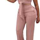 EDITCOZY Women 2 Piece Outfits Sexy Tie Front Crop Top Wide Leg Pants Sets Casual Summer Ribbed Two Piece Set (Small, Pink)