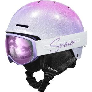Odoland Kids Ski Helmet, Snow Helmet with Ski Goggles Set for Boys and Girls, Shockproof, Windproof, Safety Snowboard Sports Helmets and Protective Goggles for Children Age 6-14 (XS(49-53cm/19.3-20.9"), Sparkly Gradient Purple)