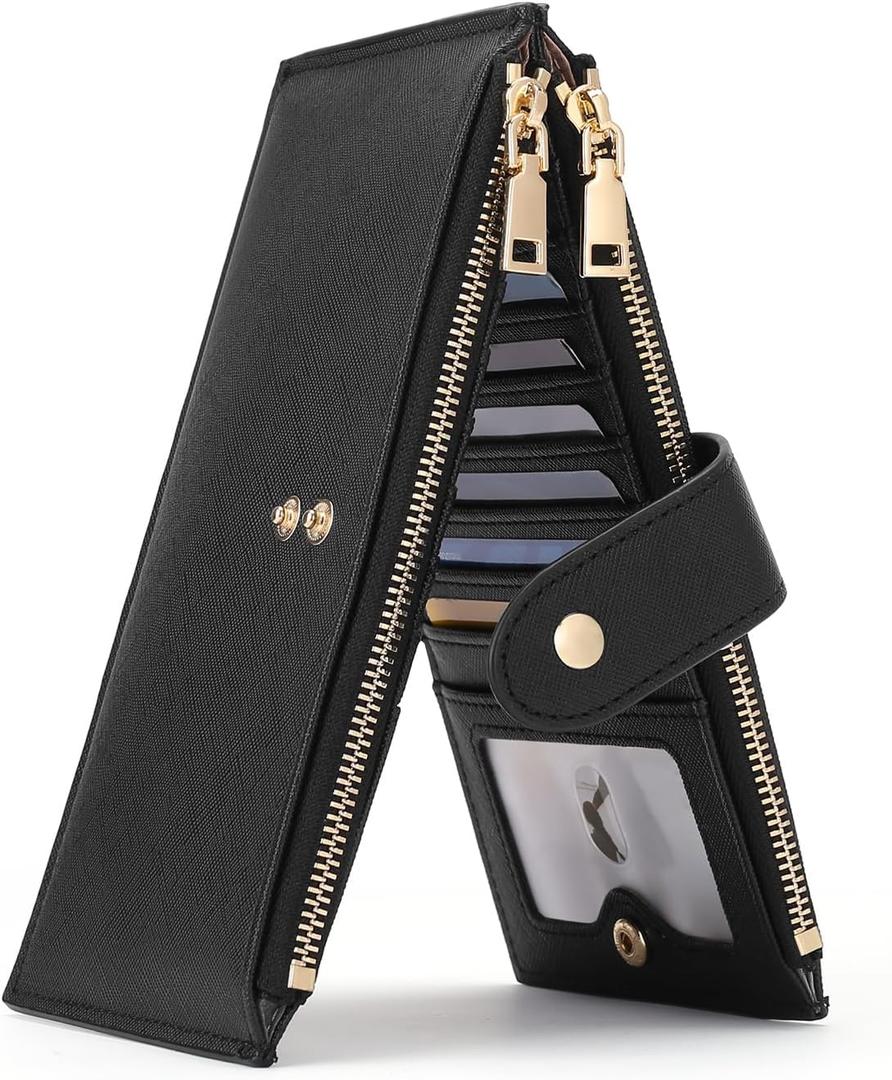 GOIACII Slim Wallets for Women RFID Blocking Card Holder 2 Zipper Pockets Thin Ladies Clutch Purse, Black