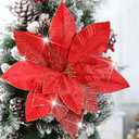 4 Pcs 16'' Red Gold Poinsettia Flowers Christmas Artificial Large Velvet Christmas Flowers Glitter Poinsettias Flower Picks Ornaments Floral Stems for Xmas Tree Decoration Wreath Garland