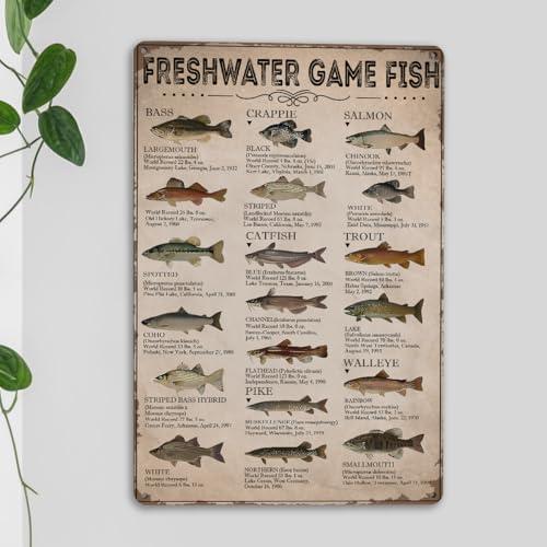 Boy's Fishing Gifts Vintage Fresh Water Gamefish Knowledge Tin Sign for Man Cave Boys Hunting Room Bedroom Lake House Cabin Wall Art Decor 10.5x7 inch