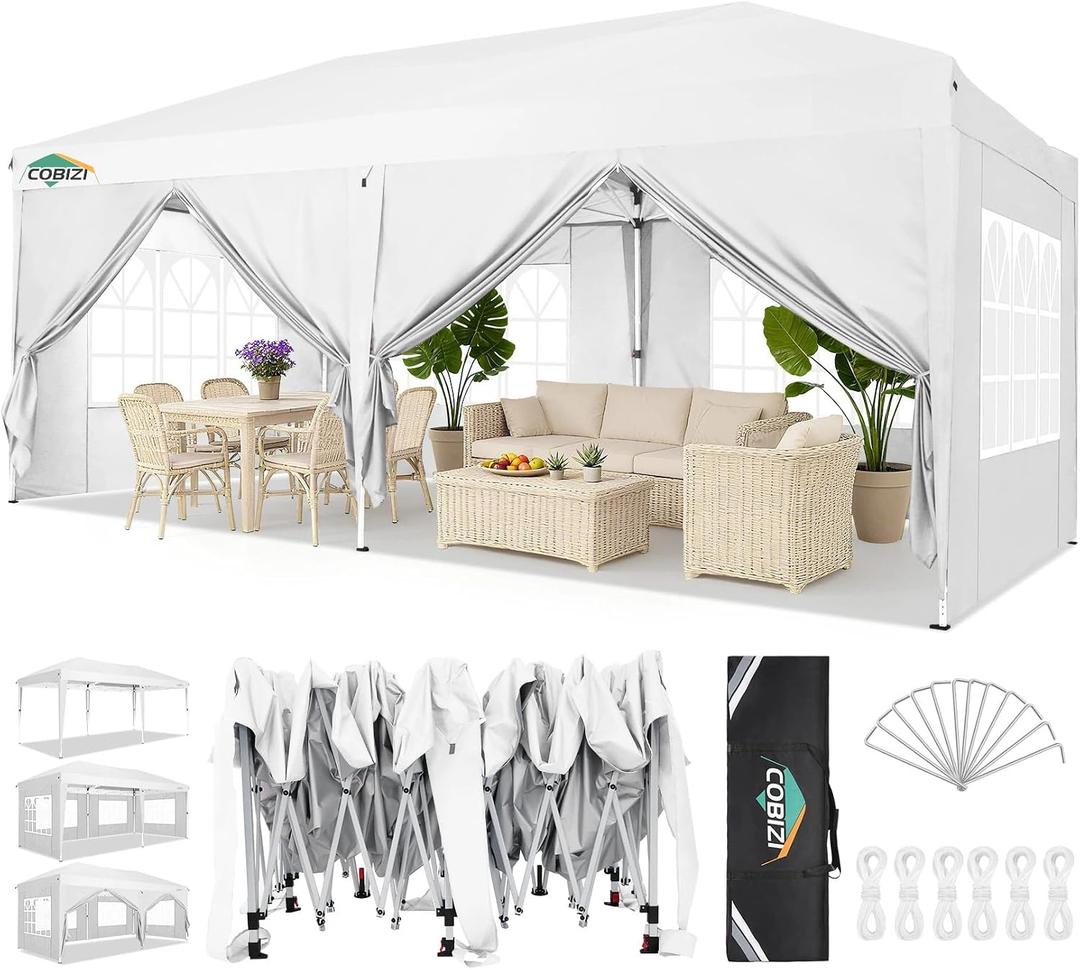COBIZI Canopy 10x20 Pop Up Canopy Tent with 6 Sidewalls Party Tents for Parties Weddings Backyard Waterproof Outdoor Commercial Event Tent with Stakes, Ropes, White