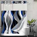 Nkzply No Hook Shower Curtain and Liner Set Blue Striped Shower Curtain with Snap in Liner Fabric Modern Black Grey Bathroom Set See Through Top Window Washable 71x74 Inch