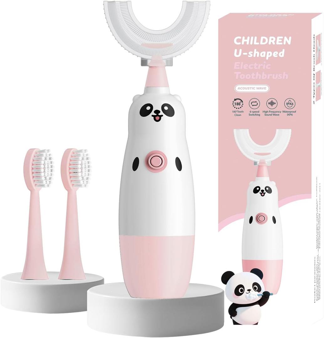 Kids U-Shaped Electric Toothbrush with 2 Brush Heads, Toddlers Sonic with 360 Degree Cleaning, Soft Bristles, Battery Included, IPX7 Waterproof, Cute cartoon for Girls and Boys, Ages 8-13 (Pink)