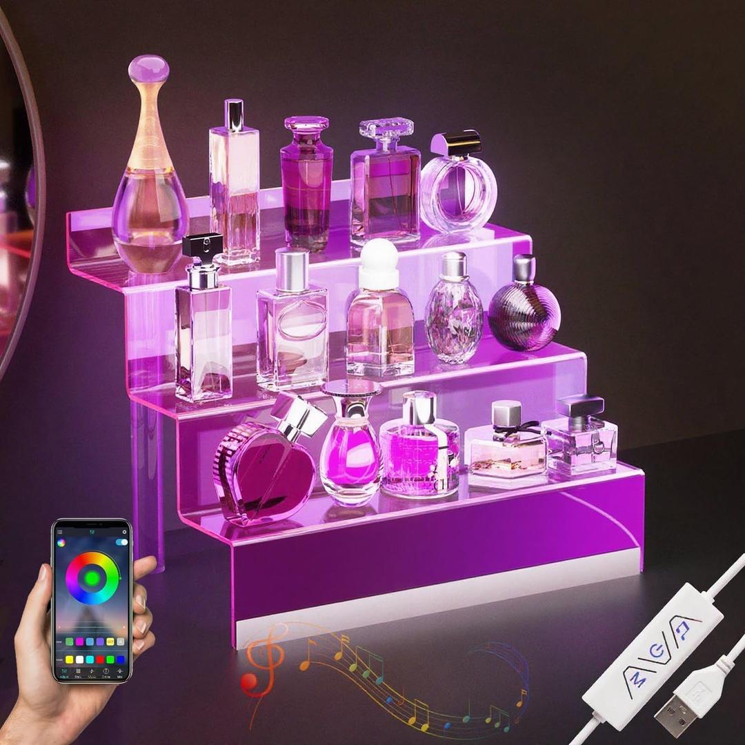12 Acrylic Display Organizer with LED Light - 3 Tier Perfume Stand and Display Step Shelves Holder, Cologne Organizer for Men, Figures Stand, Porta Perfumes Para Tocador, Clear Riser, Dessert Shelf