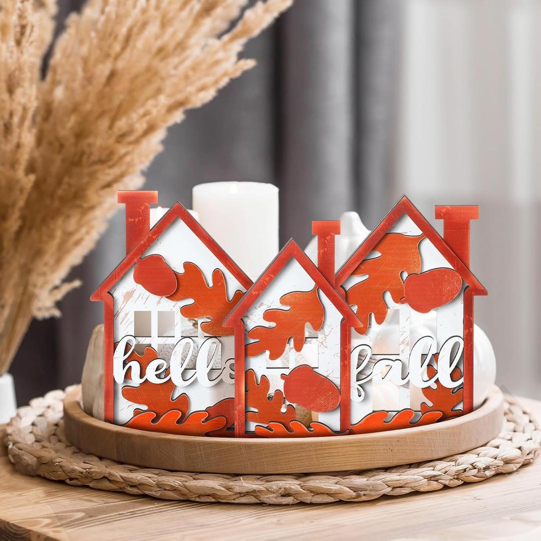 2 x Yousoontic 3 Pcs Hello Fall Decor Signs Maple Leaves Tabletop Decor 3D Hollow Thanksgiving Leaves House Sign Rustic Tiered Tray Decorations Autumn Table Centerpieces for Home Kitchen Harvest