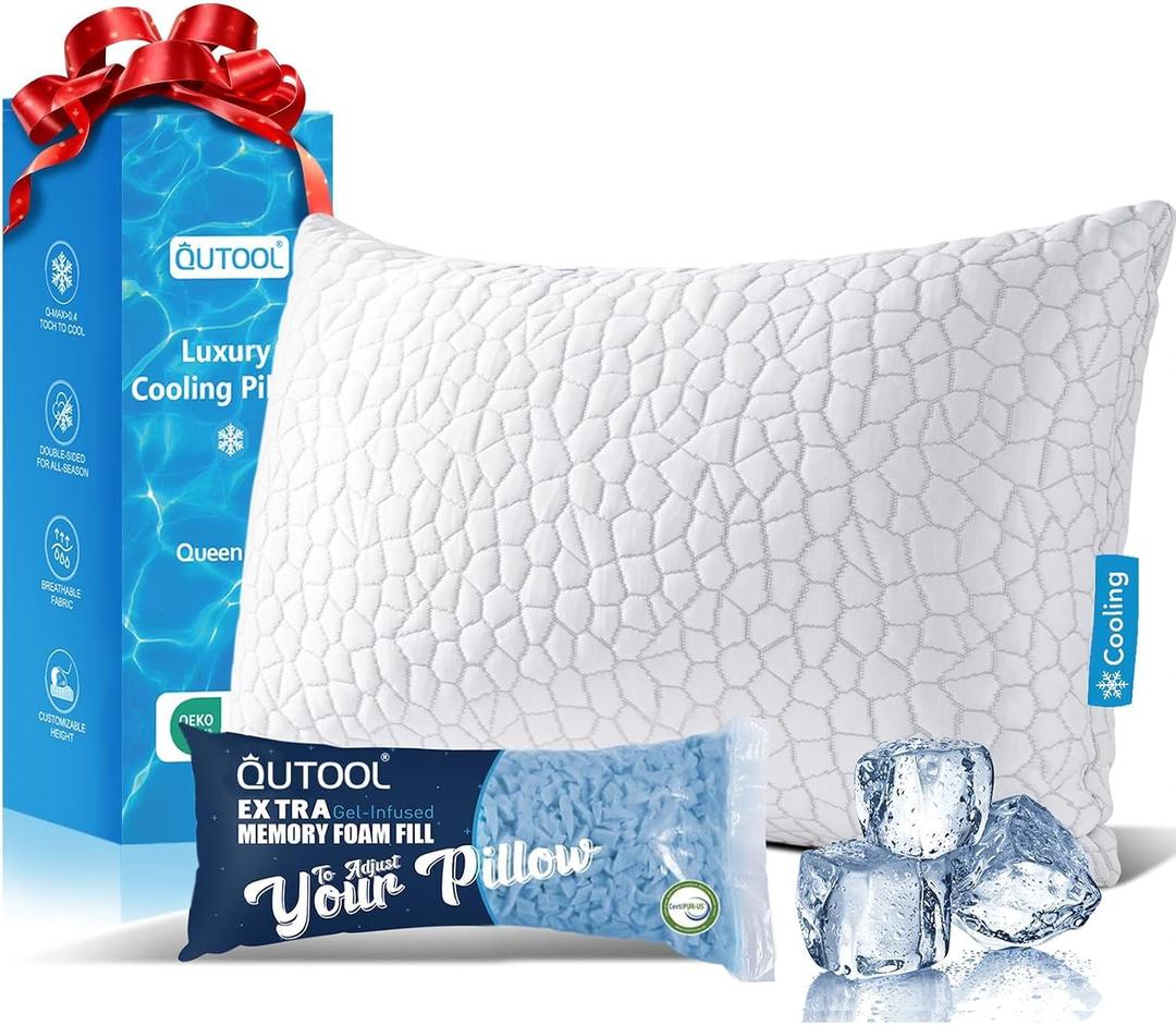 QUTOOL Cooling Pillow for Sleeping, CertiPUR-US Shredded Memory Foam Queen Pillow Set of 1, Cool Pillow for Hot Sleepers Adjustable Firm Pillow for Side, Back, Stomach Sleepers Soft Yet Support, White