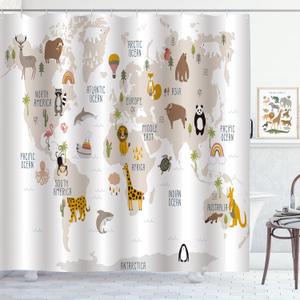 Kids World Map Shower Curtain Cartoon Animal Map Educational Learning Shower Curtains for Kids Bathroom Waterproof Polyester Fabric Bath Curtain 72 x 72 Inch with 12 Plastic Hooks