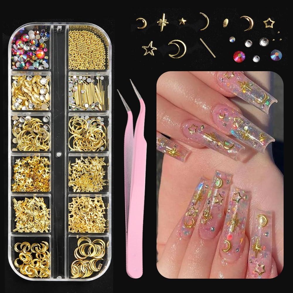2 x 3D Alloy Nail Art Studs Nail Charms, Gold Hollow Star Moon Metal Nail Rivets Crystal Rhinestones Gems Jewelry DIY Crafts Manicure Decorations with Pick Up Tweezers