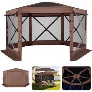 VEVOR Pop up Gazebo Screen Tent, 12 x 12 ft Large 6-Sided Camping Canopy Tent with Removable Top & Carry Bag, Quick-Set & Bite-Proof, Screen House Sun Shelter for 8-10 Persons Backyard Patio, Brown
