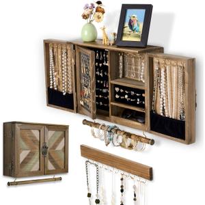 ikkle Wooden Jewelry Organizer Wall Mounted, Hanging Jewelry Holder with Removable Bracelet Rod and Hooks for Necklaces Earrings Bracelets Rings, Brown