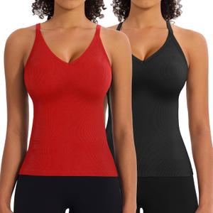 2 Pack Workout Tank Tops with Built in Bra for Women V Neck Seamless Ribbed T-Back Tank & Adjustable Strap Camisole (Medium)